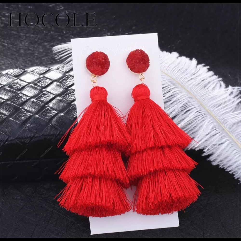 Red boho tassel earrings